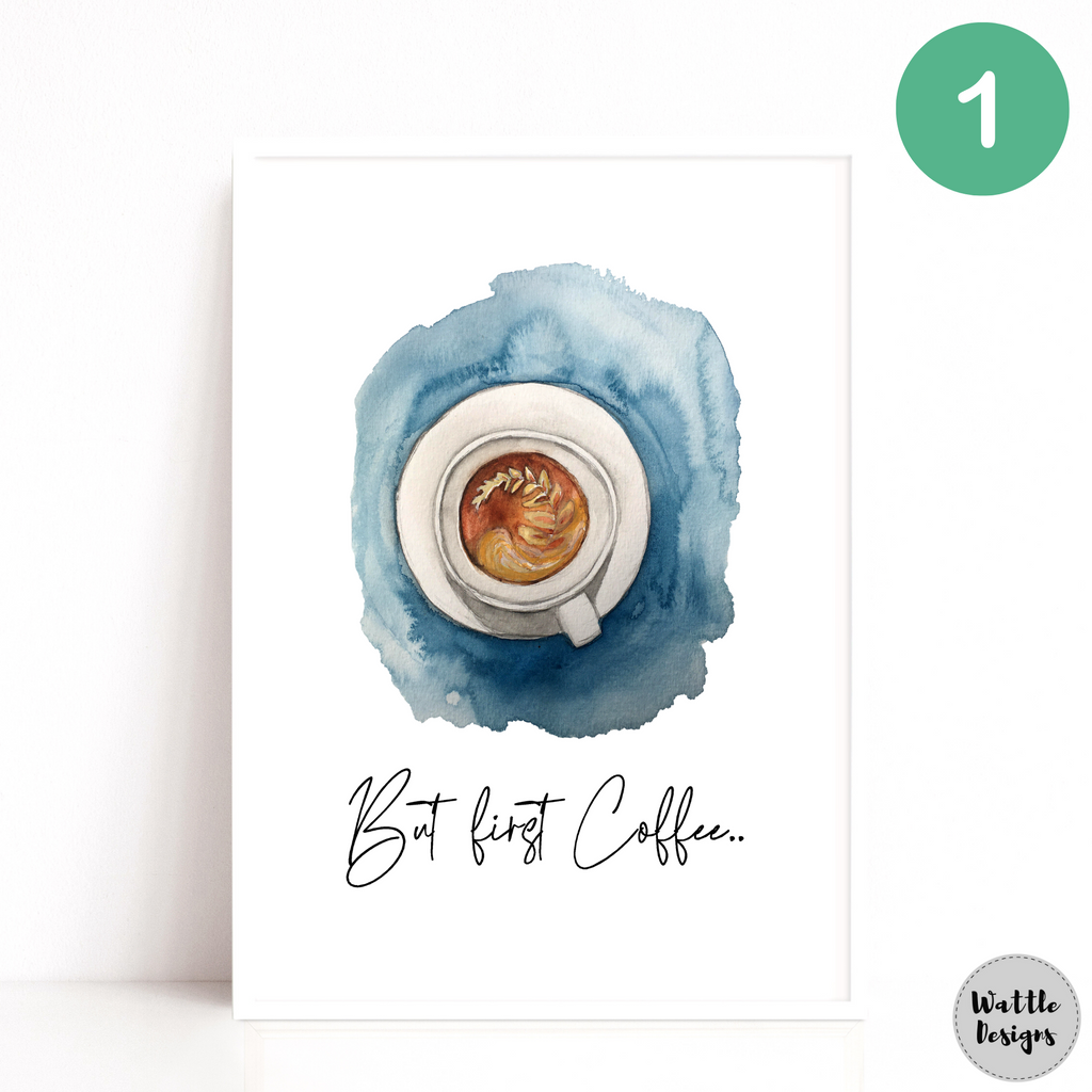 But First Coffee Quote Print by Wattle Designs in blue