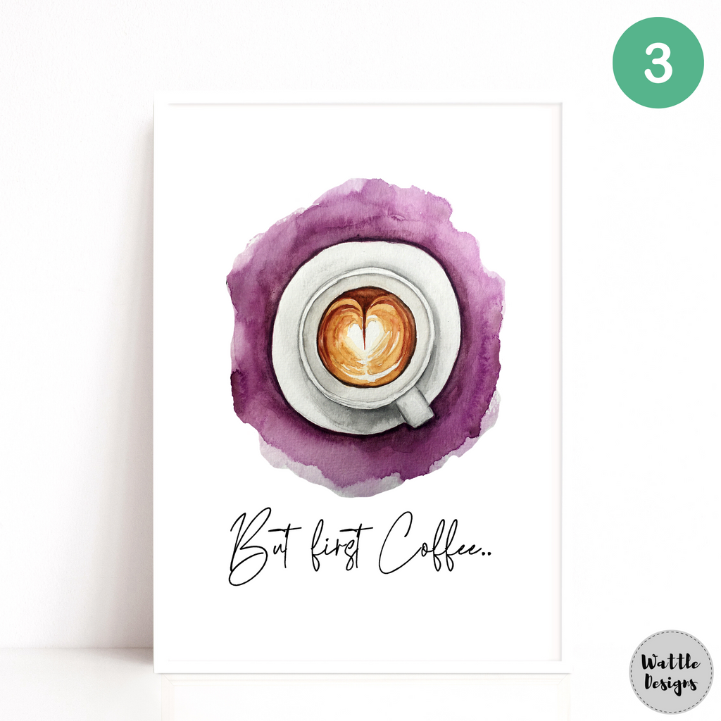 But First Coffee Quote Print by Wattle Designs in purple