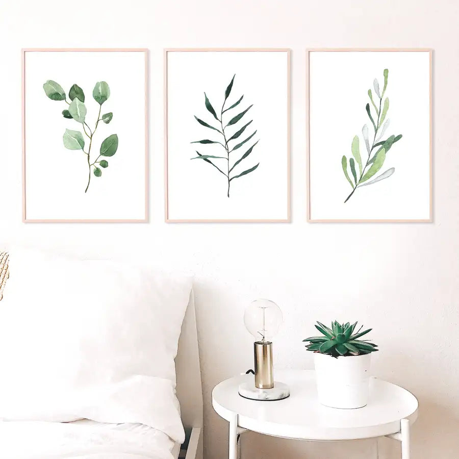 set of 3 bedroom wall art prints green botanical theme