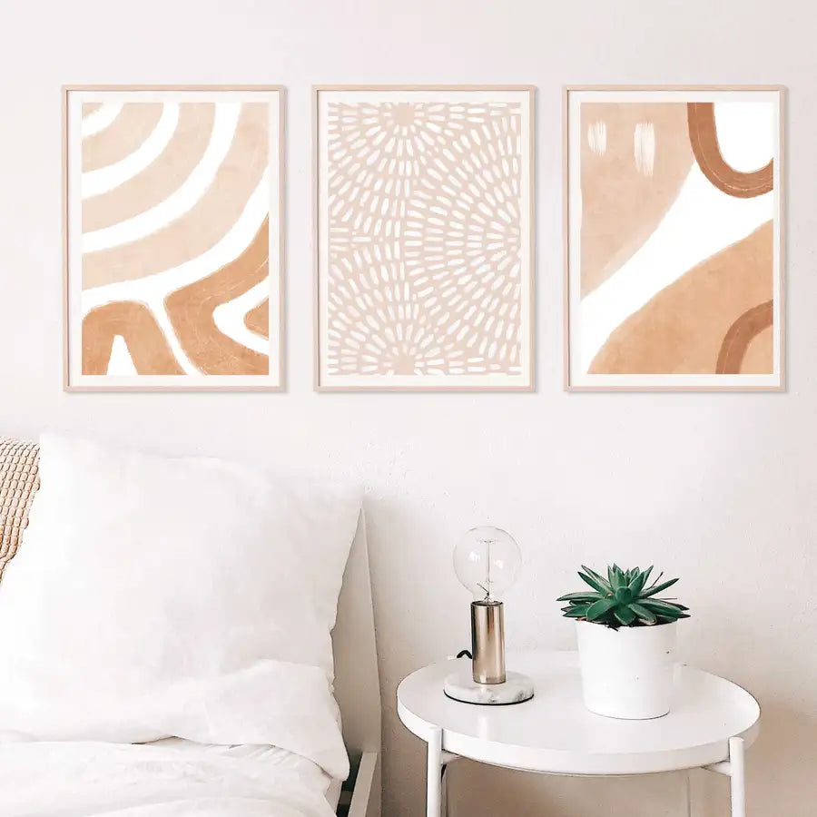 Abstract Beige Set of 3 Prints, Abstract Shapes Art Set - Wattle Designs