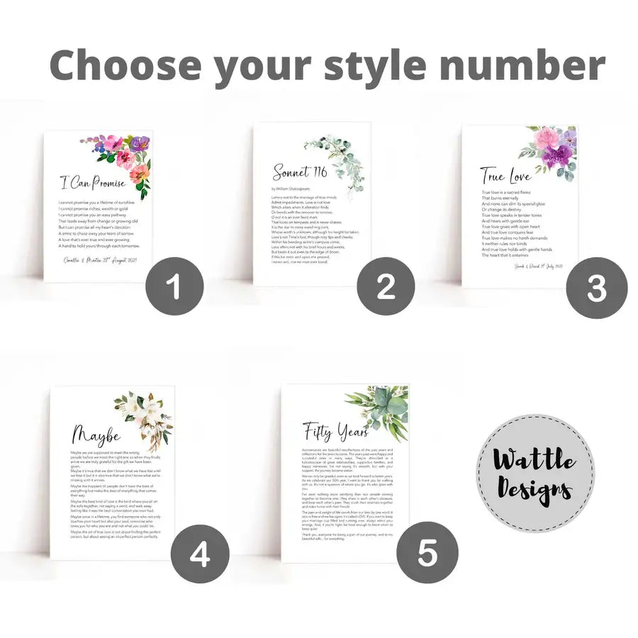 pictures of image options for custom quote floral prints from Wattle Designs