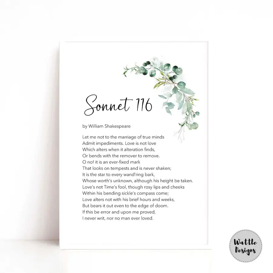 art print with sonnet 116 and green leaf decal