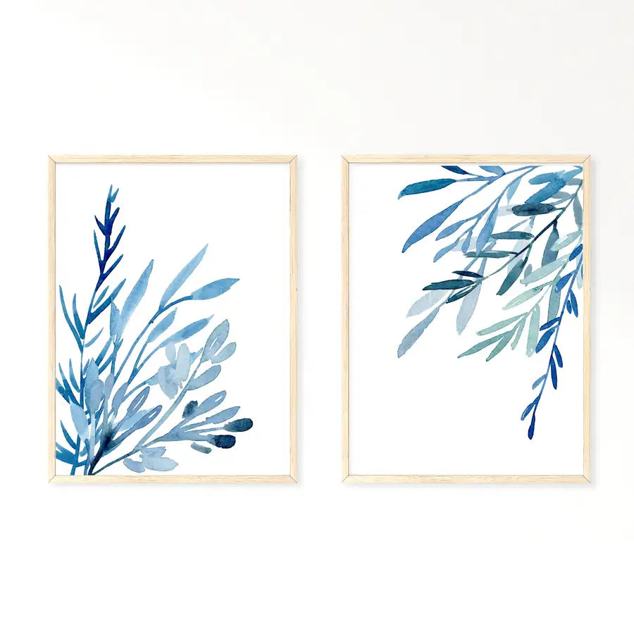 Set of 2 Blue Foliage Watercolour Art Prints - Wattle Designs