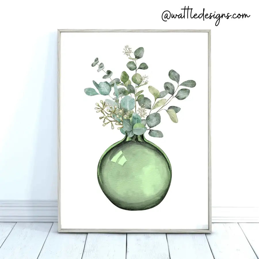 green leaves in green vase print by wattle designs