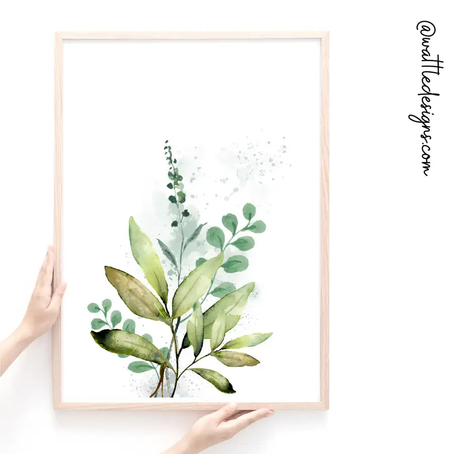 two hands holding oak frame with leaf watercolour print