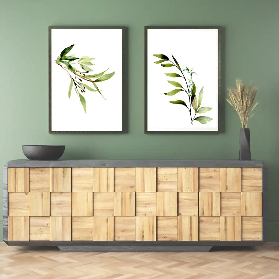 two green leaf prints for living room in black frames