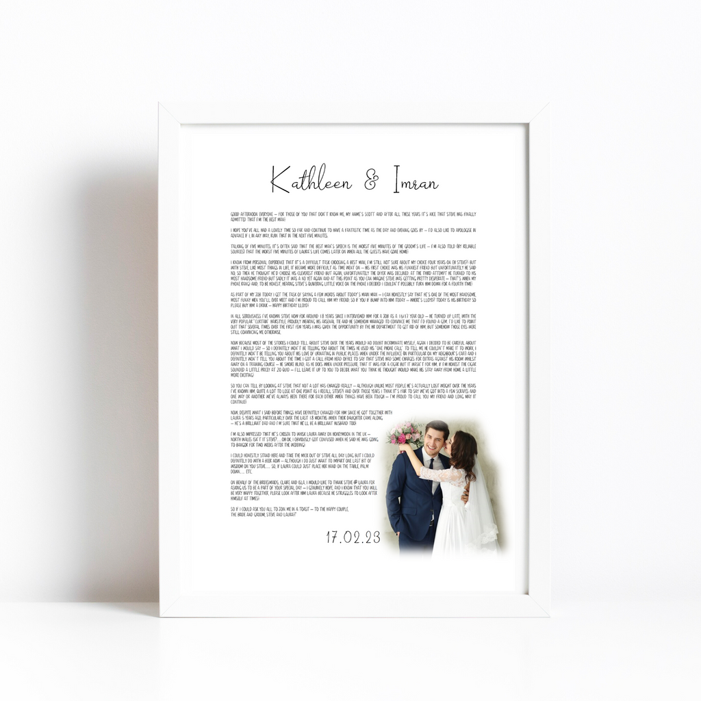 Long Custom Wedding Speech Print by Wattle Designs