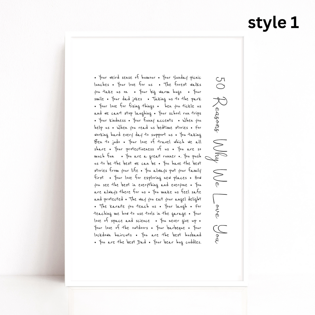 50 reasons why I love you print by Wattle Designs style 1