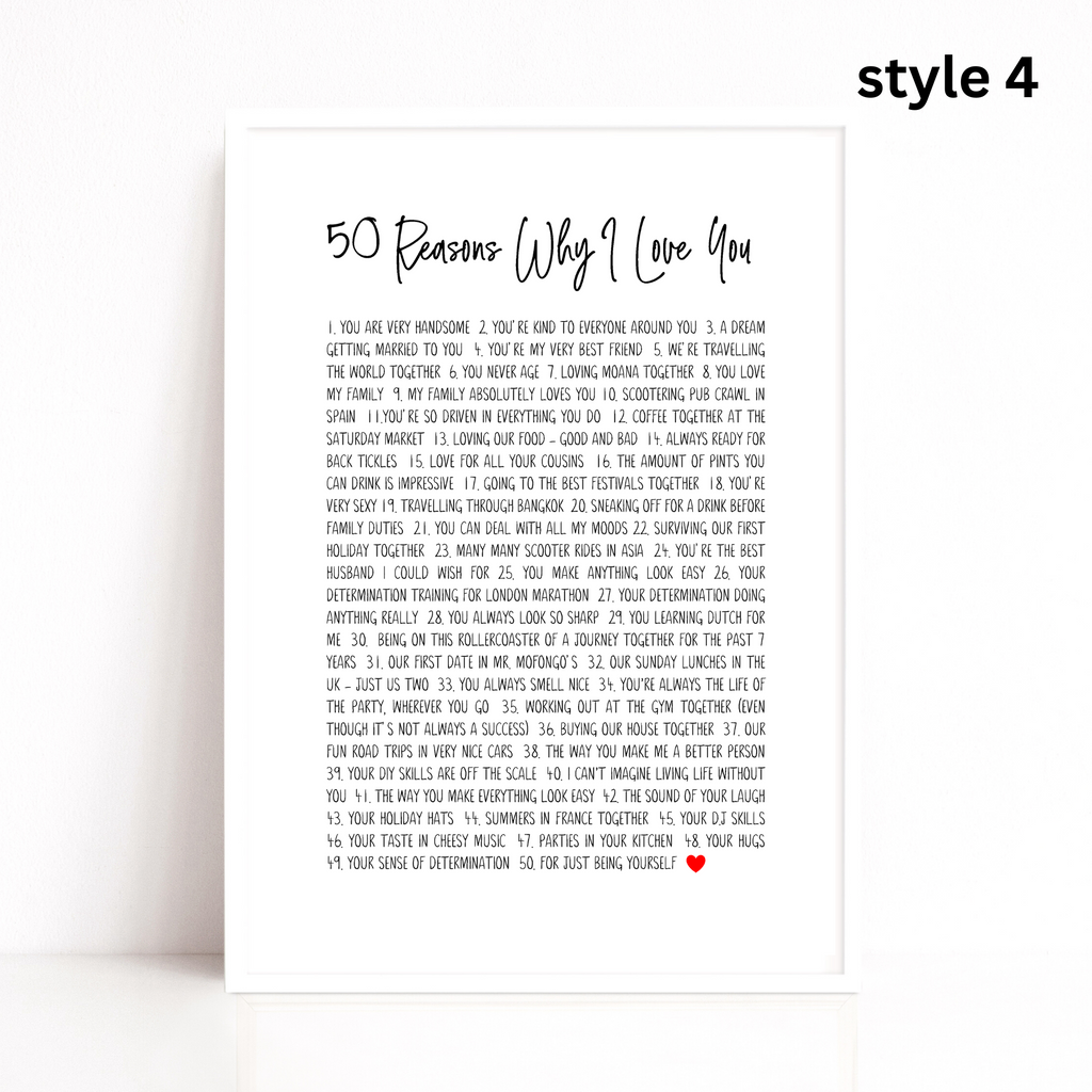 50 reasons why I love you print by Wattle Designs - style 4
