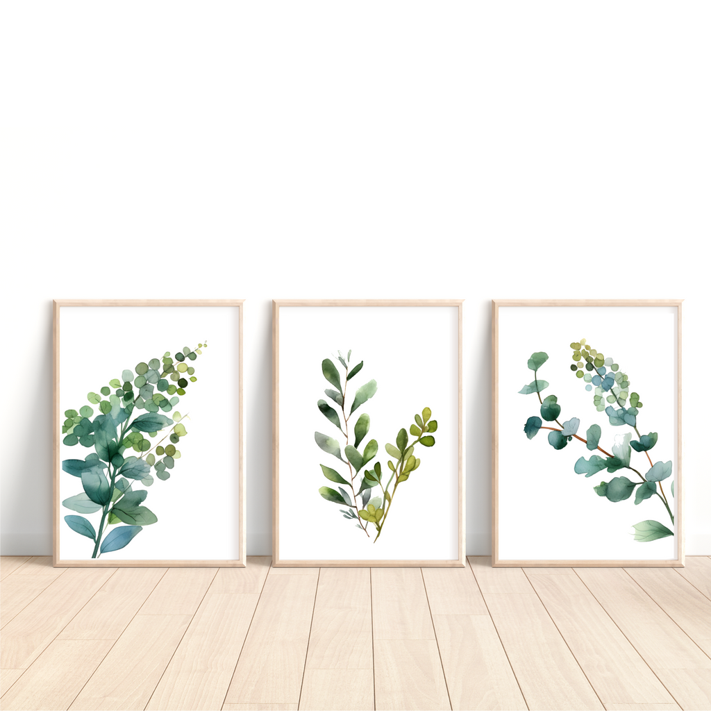 set of 3 green foliage art prints framed