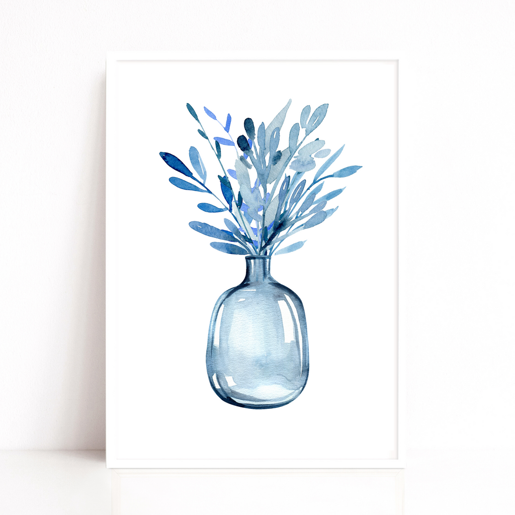 blue leaves in a vase wall art print by Wattle Designs