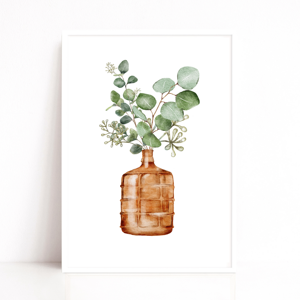 Eucalyptus Leaf Watercolour Art Print in Brown Vase by Wattle Designs
