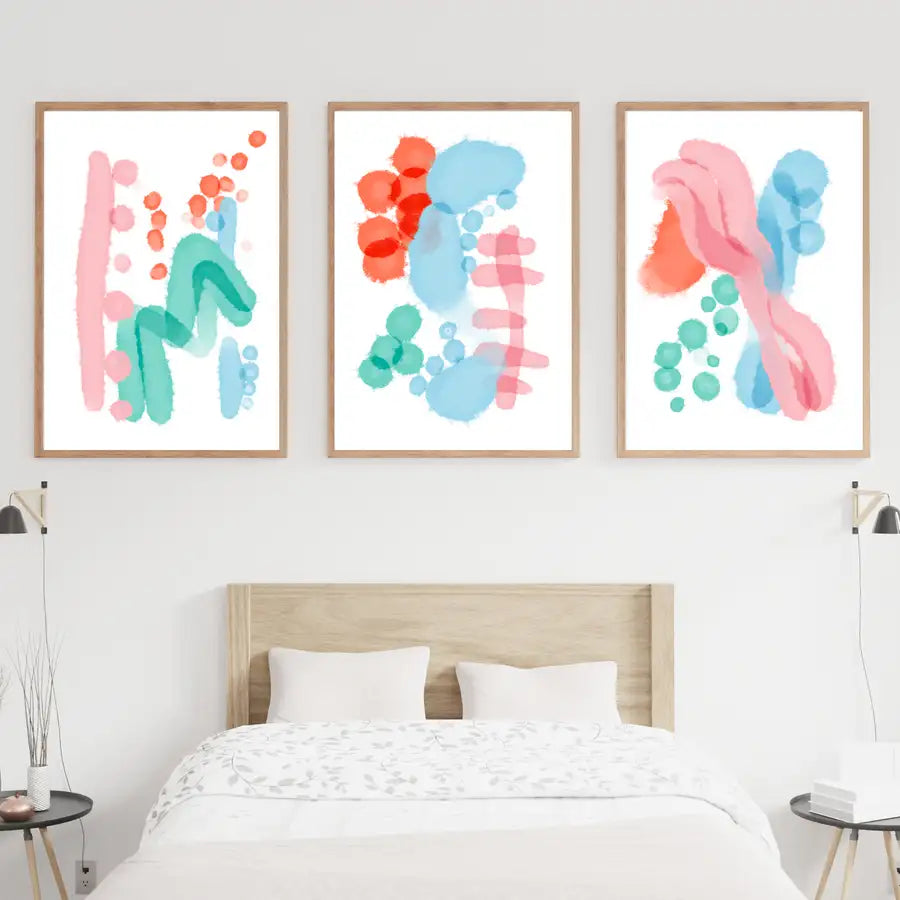 set of 3 colourful bedroom wall art prints