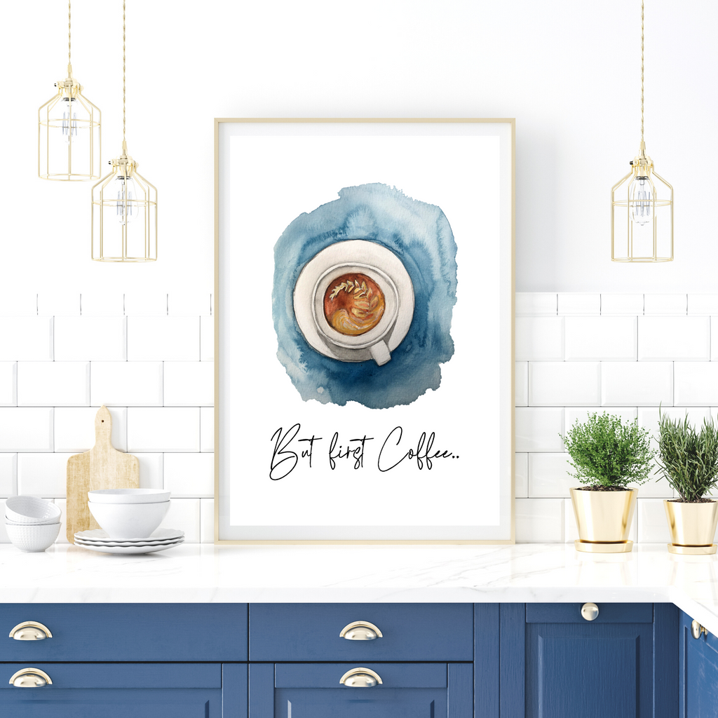But First Coffee Quote Print by Wattle Designs in blue