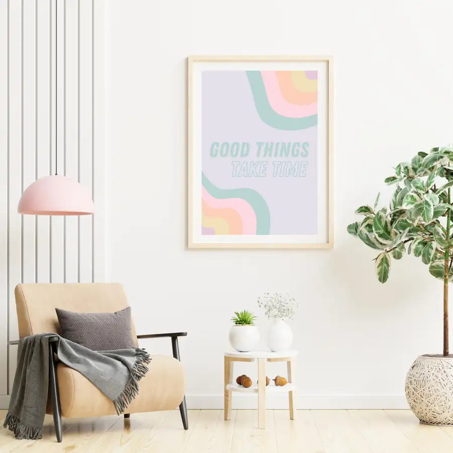 living room wall quote print in pastel colours