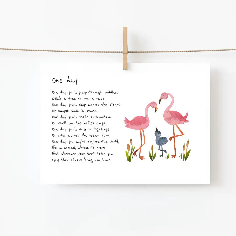 christening poem print with flamingo family