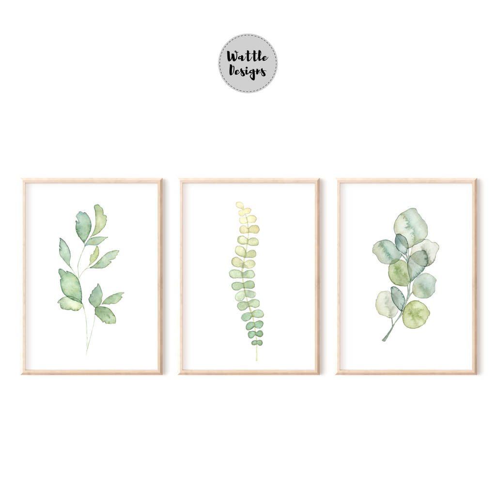 set of 3 pastel green framed leaf prints by Wattle Designs
