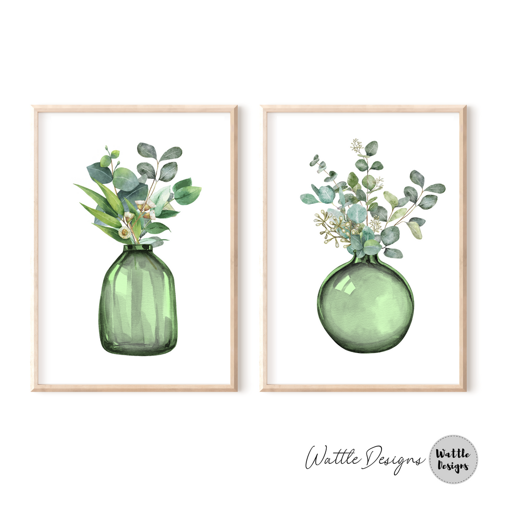 set of two eucalyptus leaf watercolour art prints in timber frames