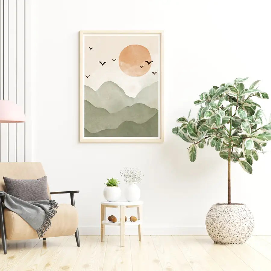 living room framed print of mountains with sunset