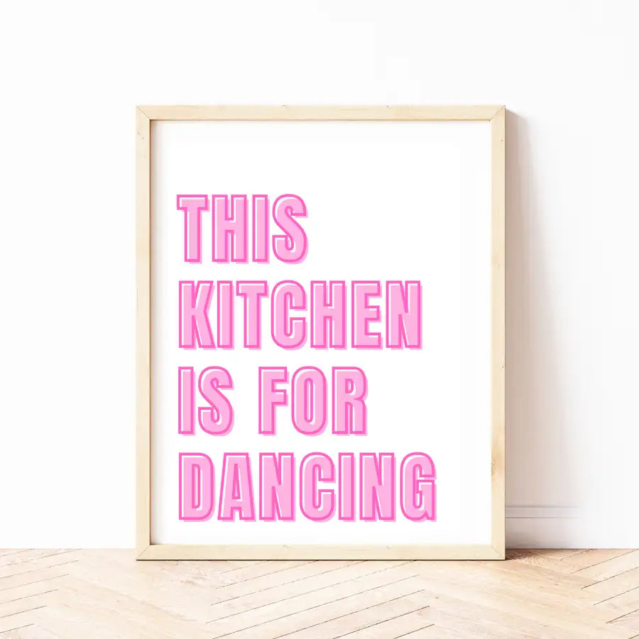 fun kitchen quote print in pink and white