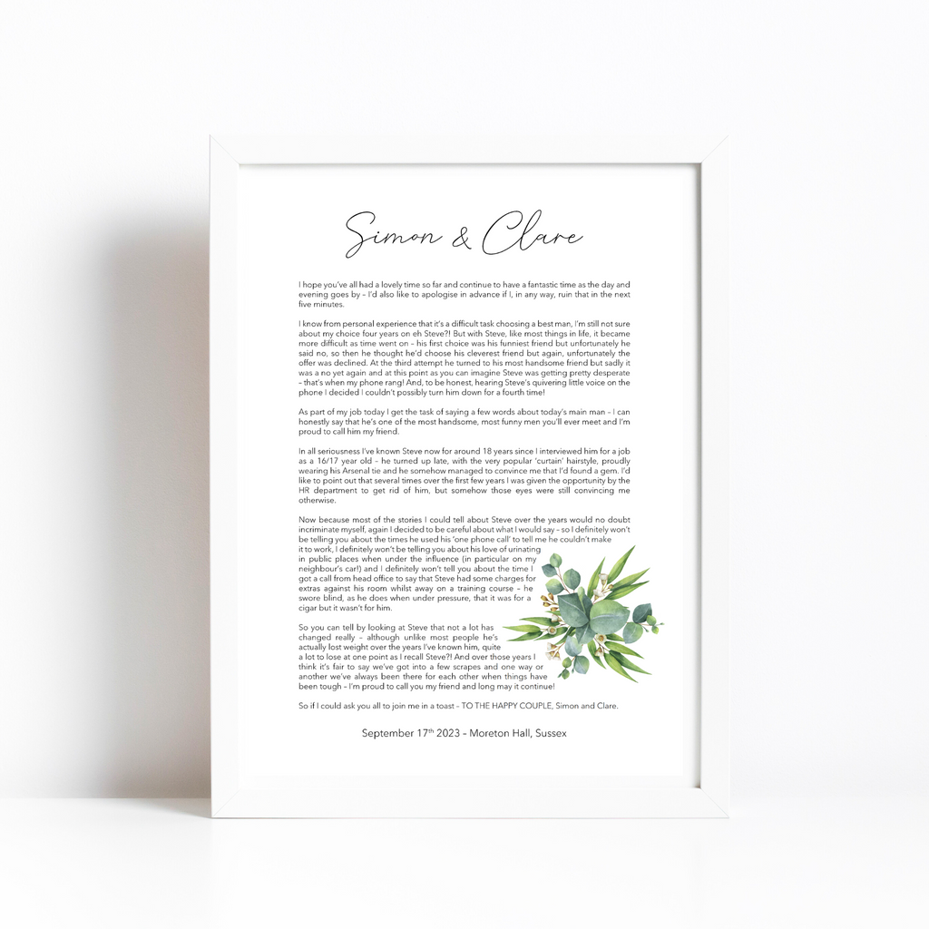 Custom wedding speech print by Wattle Designs
