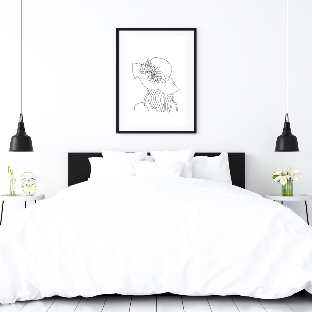 one line drawing of woman in a hat bedroom art