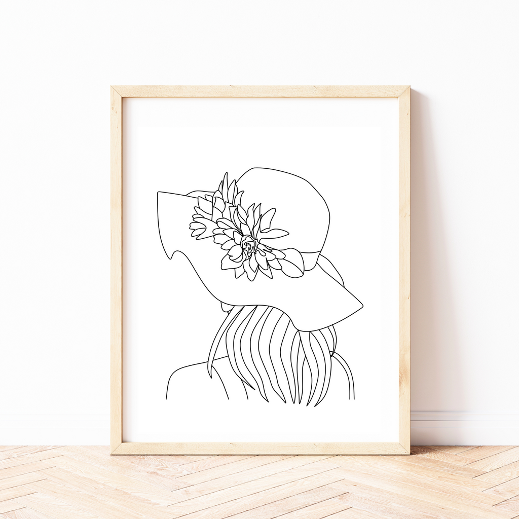 one line drawing of woman in a hat by Wattle Designs