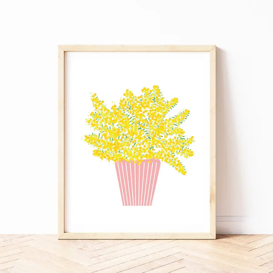 yellow flowers in a pink pot art print