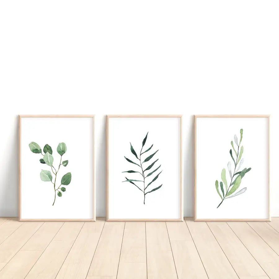 set of 3 green wall art prints with leaves