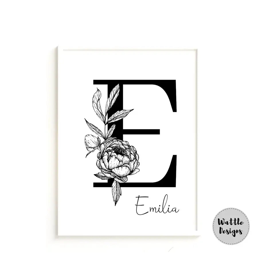 Initial letter E personalised floral letter print