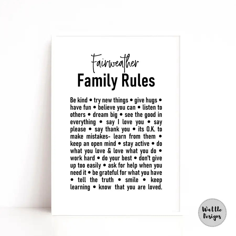 Personalised Family Rules Print, Family Rules Poster - Wattle Designs