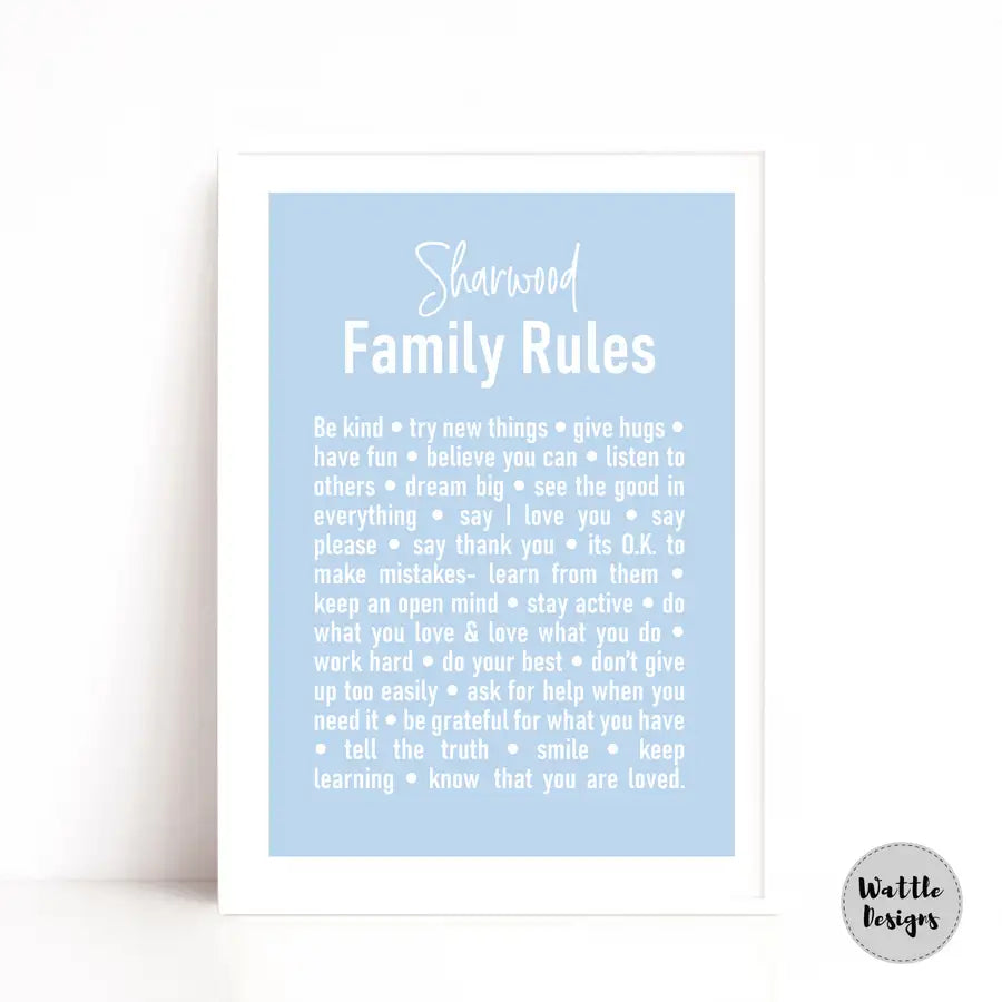 family rules print in baby blue personalised with family name