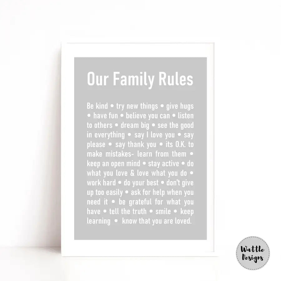 grey family rules print by Wattle Designs