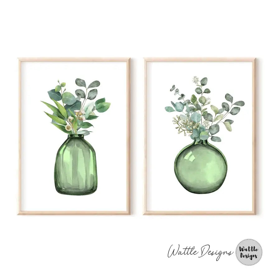 pair of 2 green prints in vases