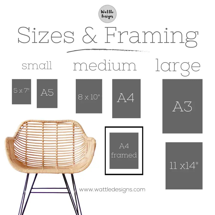Wattle Designs framing and print sizes