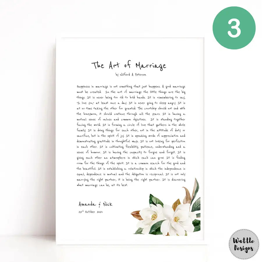 The Art of Marriage Poem Floral Print | 1st 2nd Wedding Anniversary Gift - Wattle Designs