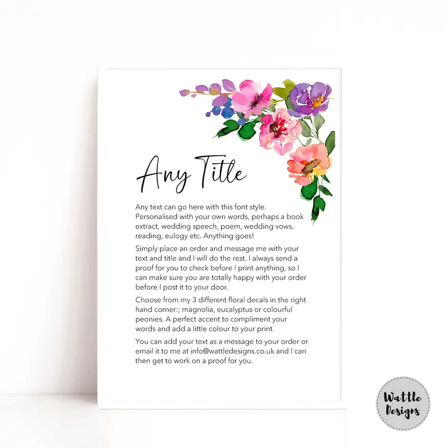 your own text to be added to this print with colourful floral border