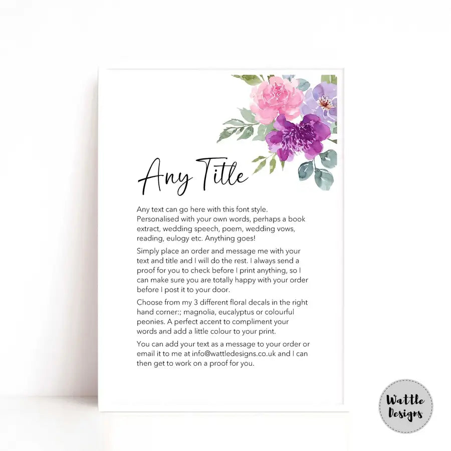 purple flowers print with your own text added by Wattle Designs