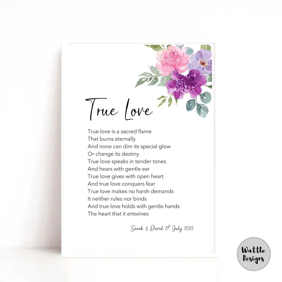True love poem with purple flowers in the corner