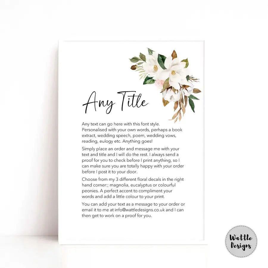 your own text custom print with magnolia flowers