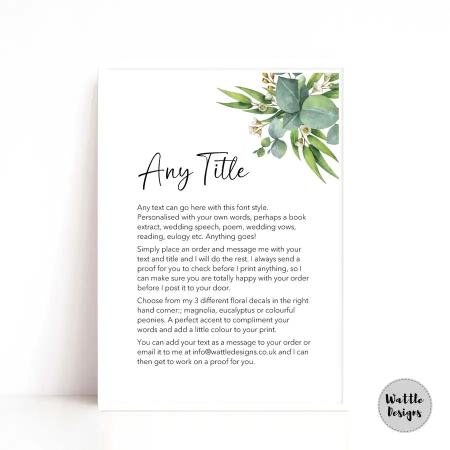 custom print with floral decal in green eucalyptus leaves