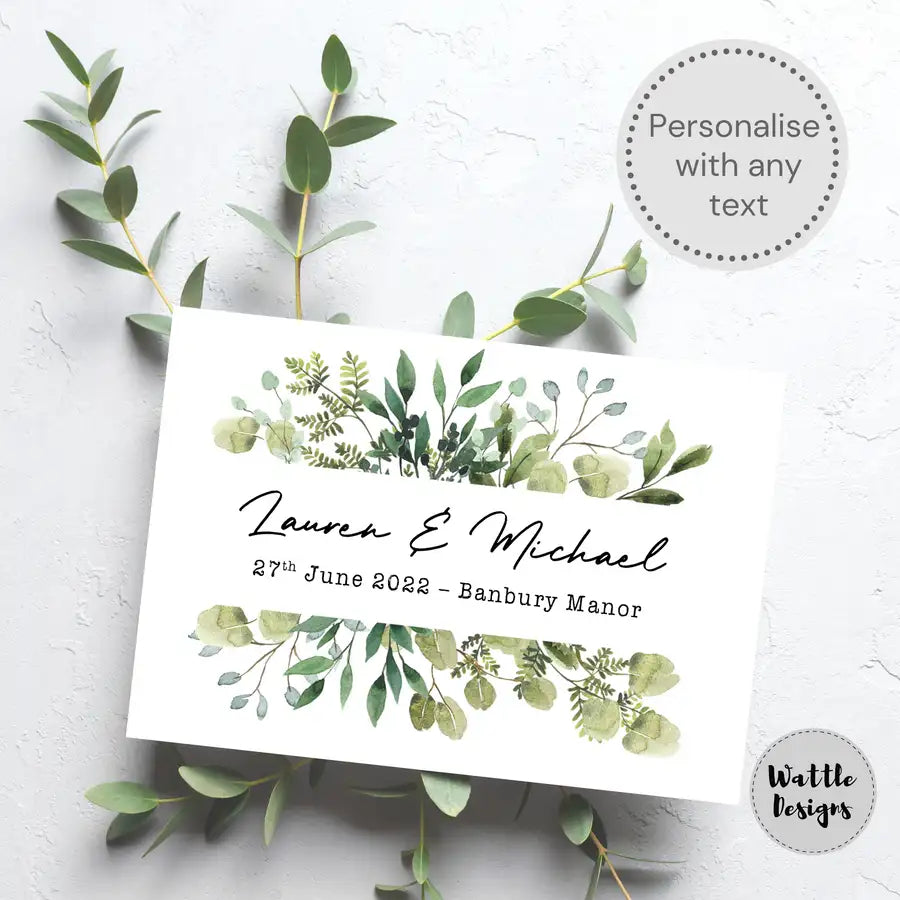 Personalised Greetings Card with Eucalyptus Leaves - Wattle Designs