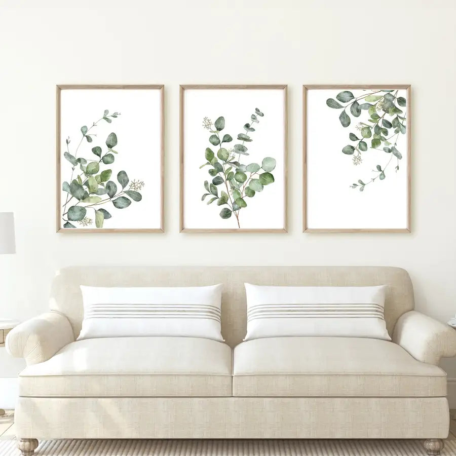 set of 3 eucalyptus leaf prints in lounge