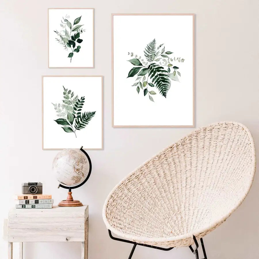 set of 3 botanical prints on lounge wall