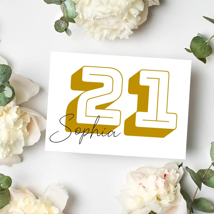 21st birthday card with gold numbers
