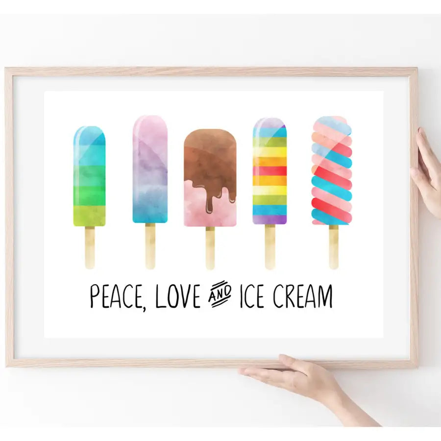 Ice Cream Art Print, Peace Love and Ice Cream - Wattle Designs