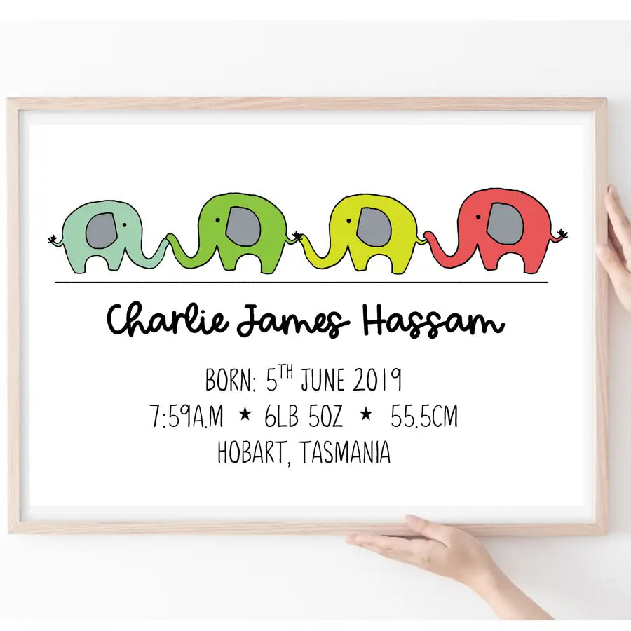 Personalised New Baby Name Elephant Print - Wattle Designs