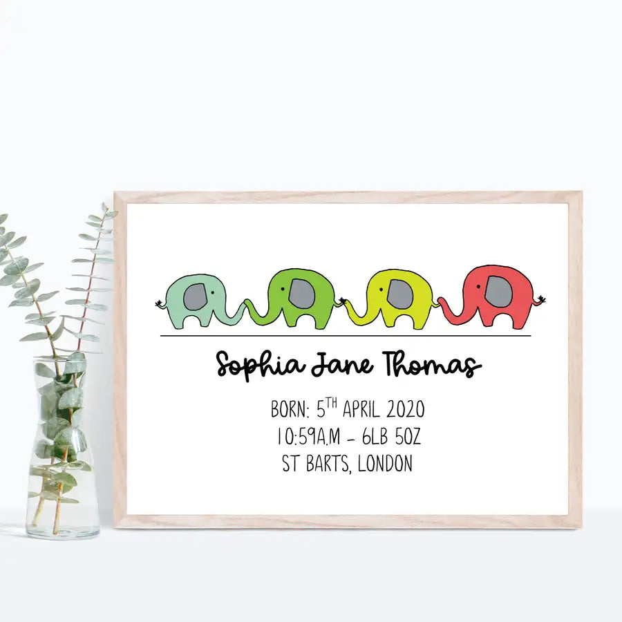 Personalised New Baby Name Elephant Print - Wattle Designs