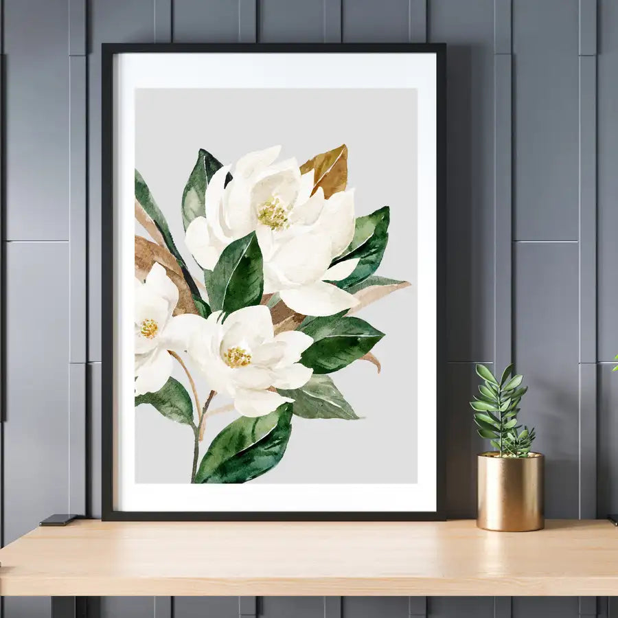 framed flower art print in green, gold and cream