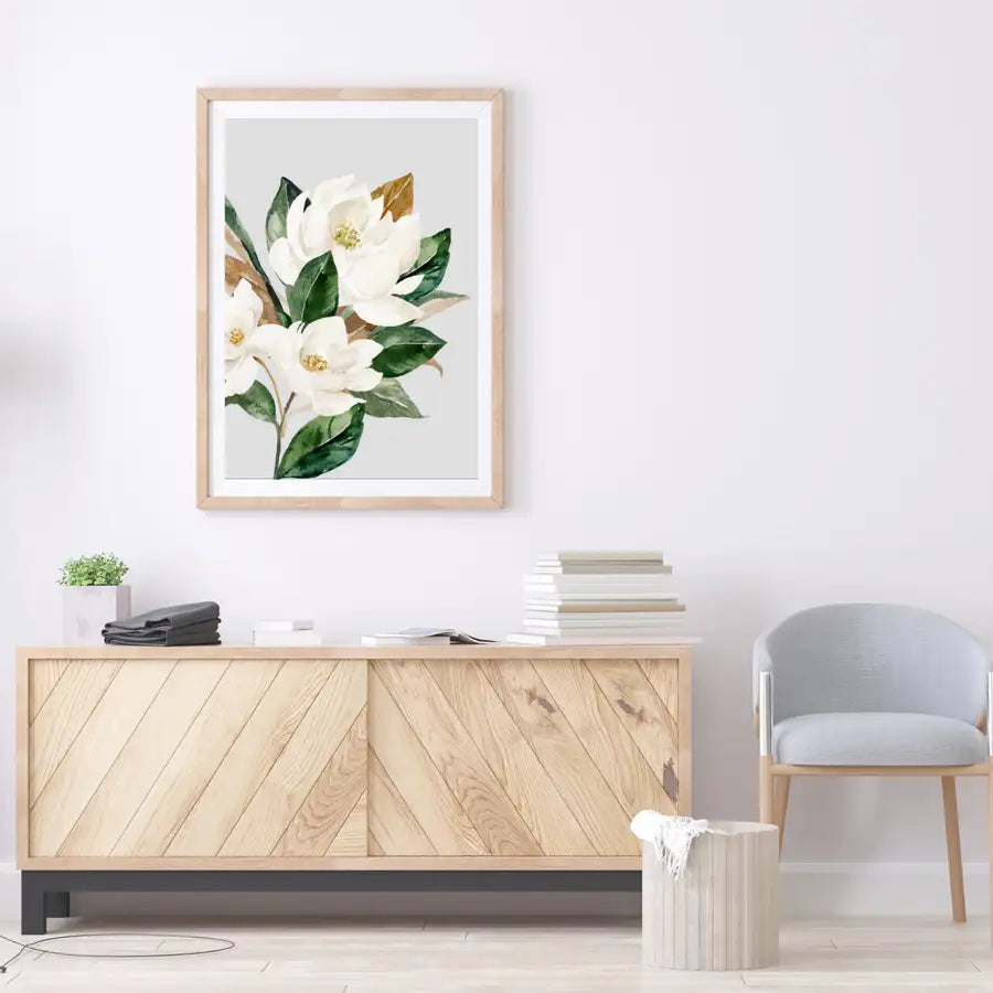 floral art print on living room wall by wattle designs
